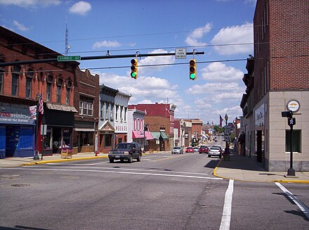 A view of downtown Shelby, Ohio on East Main Street looking east at the intersection of Gamble Street.