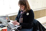 Researching sources for a new article during the Cornell University 2017 Art + Feminism Wikipedia edit-a-thon. Herbert F. Johnson Museum of Art, March 11, 2017.