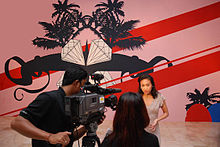 Sinta Tantra being interviewed in Bali. Arsenic Fantasy, 2009, is in the background Sinta Tantra is interviewed on Bali TV.jpg