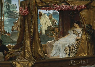 Antony and Cleopatra (1883) by Lawrence Alma-Tadema depicting Antony's meeting with Cleopatra in 41 BC. Sir Lawrence Alma-Tadema - The Meeting of Antony and Cleopatra.jpg
