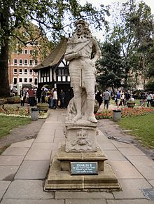 The statue of Charles II by Caius Gabriel Cibber stands at the centre of Soho Square Soho Square Charles II.JPG