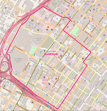 The boundaries of the business improvement district (or 'BID') in Los Angeles of the name "South Park". South Park Boundary Map (c) OpenStreetMap contributors.png