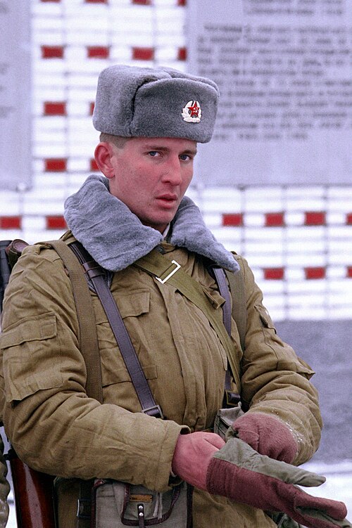A Russian soldier of the 2nd Guards Tamanskaya Motor Rifle Division in Moscow, January 1992, a few weeks after the dissolution of the USSR. He is wear