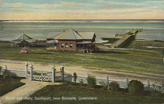 Kiosk and jetty at Southport in the early 1900s, the gates of the Star of the Star Convent are in the foreground.