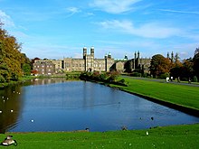 One of a pair of matching canals, c. 1710, framing the entrance drive of Stonyhurst College; the other is out of sight at right. Stonyhurst College in autumn sunshine - geograph.org.uk - 1070771.jpg