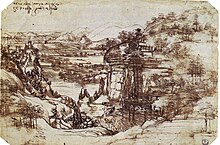 Pen drawing of a landscape with mountains, a river in a deep valley, and a small castle.