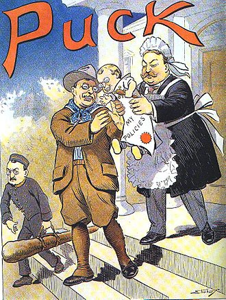 A political cartoon which portrays William Howard Taft as President Roosevelt's political heir TAFT1909.JPG