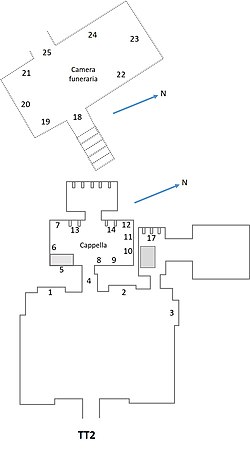 Two adjoining square rooms with a single rectangular subterranean room represented