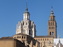 Lantern tower (left) and a bell toweron Tarazona Cathedral, Spain Tarazona cathedrale 2.jpg