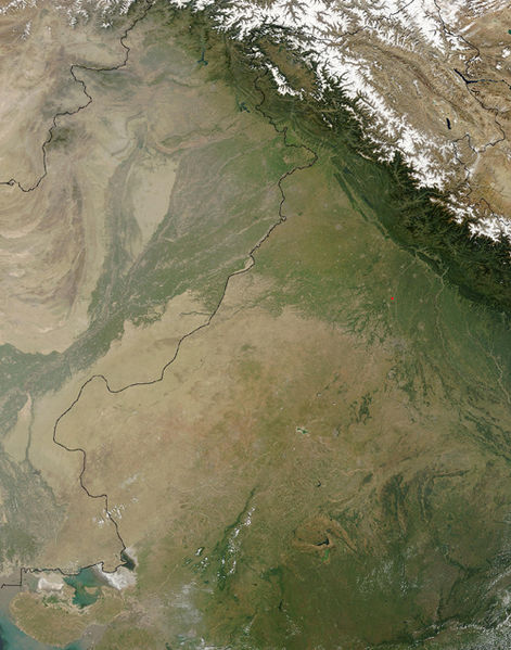 A NASA satellite image of the Thar Desert, with the India–Pakistan border