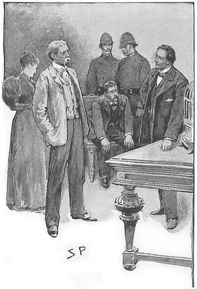 Illustration of a man slouched in a chair with two policemen behind him, flanked by two men, a woman, and a birdcage on a table