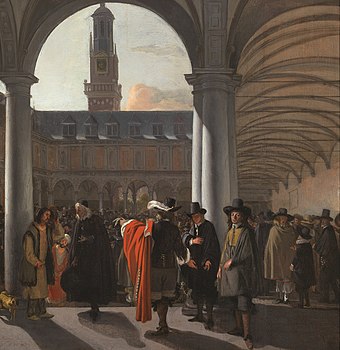 Courtyard of the Amsterdam Stock Exchange by Emanuel de Witte, 1653. The Amsterdam Stock Exchange was the first stock exchange to introduce continuous trade in the early 17th century.[50]