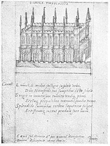 The library in 1566, drawn by John Bereblock and given to Queen Elizabeth I as part of a book when she first visited Oxford. The old Divinity Schools and Duke Humphrey's Library at Oxford.jpg