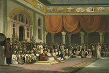 Maratha Peshwa Madhavrao II, surrounded by nobles in his court in 18th-century India. Thomas Daniell, Sir Charles Warre Malet, Concluding a Treaty in 1790 in Durbar with the Peshwa of the Maratha Empire.jpg