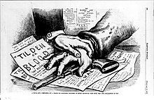 "A truce - not a compromise, but a chance for high-toned gentlemen to retire gracefully from their very civil declarations of war." By Thomas Nast in Harper's Weekly, 1877 Feb 17, p. 132. Tilden election.jpg