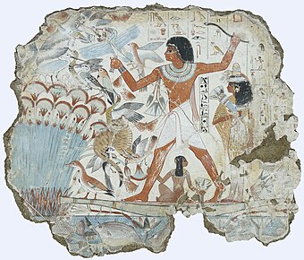 Fresco which depicts Nebamun hunting birds; 1350 BC; paint on plaster; 98 × 83 cm (3 ft 2.5 in × 2 ft 8.7 in); British Museum (London)