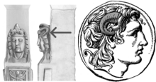 Horned bust of Alexander from Cyprus (left); horned coin portrait of Alexander (right) Two-horned Alexander in Cyprus.png