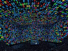 During "The Fly", a barrage of multi-coloured characters flashed and created the illusion of a cube-shaped space. U2 performing at Sphere in Las Vegas on Oct 21 2023 by Jeff Hollett (13).jpg