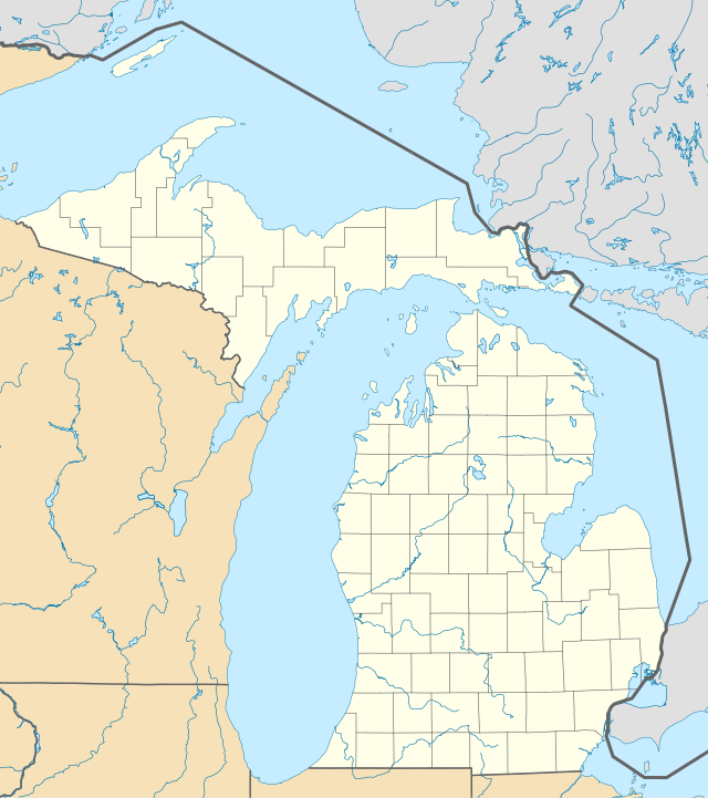 Mapa konturowa Michigan, na dole po prawej znajduje się punkt z opisem „Flint”