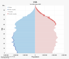 U.S. population pyramid in 2023. The number of Americans of college age will drop by the late 2020s, at a faster rate by the late 2030s. USA Population Pyramid.svg