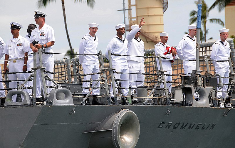 File:US Navy 090615-N-3666S-043 Sailors man the rails aboard the guided-missile frigate USS Crommelin (FFG 37) as she departs Naval Station Pearl Harbor for a scheduled six-month deployment as part of the Mid-Pacific Surface Combata.jpg