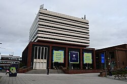 The Brynmor Jones Library, featuring new banners following a major rebranding exercise at the University of Hull.