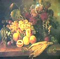 Deutsch: Stillleben mit einem Arrangement aus Blumen, Früchten und einem Maiskolben auf einer Steinplatte, 1847 English: Still life with assorted fruitflowers and an ear of corn on a stone ledge