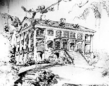 Plantation house on Verdura plantation in Leon County, Florida, built in 1832, burned in 1885. Drawing produced in about 1870. Verdura plantation house.jpg