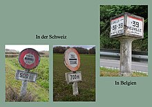 Zusammenstellung zweier Zollschilder in der Schweiz und einem Borne d'Angle in Belgien