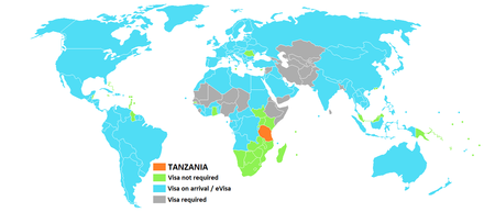 A map showing the visa requirements of Tanzania, with countries in green having visa-free access