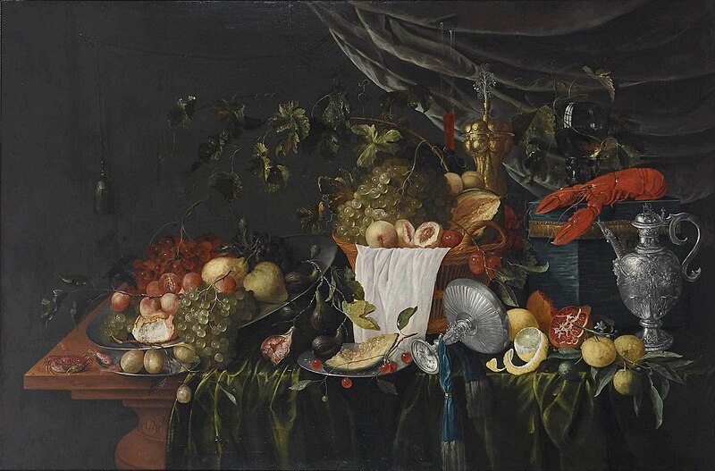 File:W. Mertens - Exuberant large fruit piece with crab, prawns, lobster on a fabric box with roemer, ornate silver tazza, repousse ewer.jpg