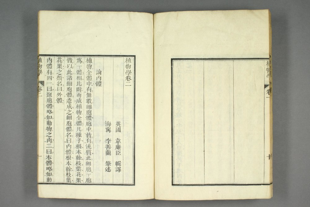 《植物學》(1858)第二卷開篇首次把「cell」轉譯為「細胞」。此掃描檔的原書藏於日本早稻田大學，帶有日本的音注。