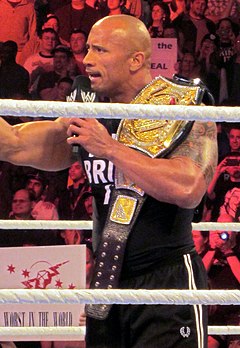 The Rock in Nashville during his eighth and final WWE Championship reign, February 2013 WWE Champion The Rock 2013.jpg