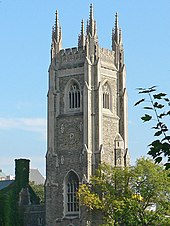 Soldiers' Tower, a memorial to alumni fallen in the World Wars, contains a 51-bell carillon. WWTower-in-university-of-toronto cropped.jpg