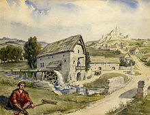 Walsall in Medieval Times, 15th Century; watercolour by Henry Somerfield, The New Art Gallery Walsall permanent collection, 1976.278.P Walsall in Medieval Times (15th Century) Artist's Impression.jpg