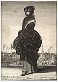 Ung kvinne 1643 iført pelsmuffe, maske og andre plagg mot vinterkulda.