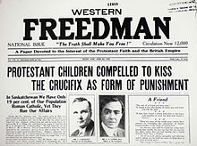 The 5 April 1928 issue of Western Freedman, a publication directed by J.J. Maloney, who was affiliated with the Knights of Ku Klux Klan Western Freedman publication, 5 April 1928.jpg