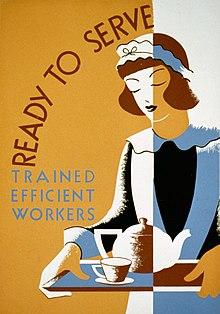 Stylized drawing of a maid on a Works Progress Administration poster Works Progress Administration maid poster cropped.jpg