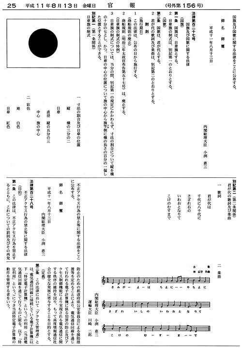 The Act on National Flag and Anthem (Japan) as it appears in the Official Gazette on 15 August 1999