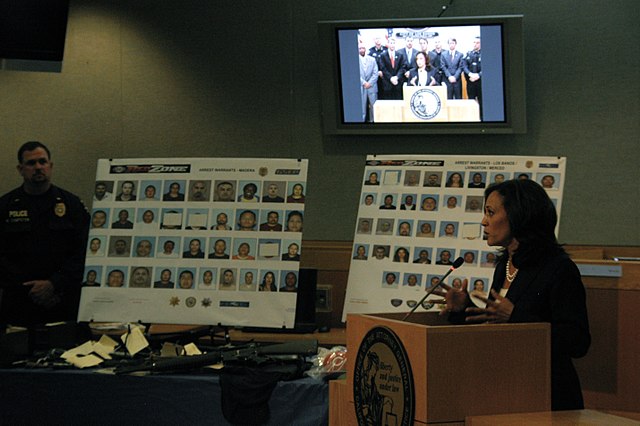 California Attorney General Kamala Harris announced the arrest of 101 gang members on June 8, 2011.