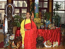 Shi Yan Ming in front of the Buddhist shrine at USA Shaolin Temple, housed in a second story Lower Manhattan loft 11.4.10ShiYanMingByLuigiNovi6.jpg