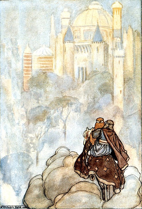 Oisín and Niamh approaching a palace in Tír na nÓg, illustration by Stephen Reid in T. W. Rolleston's The High Deeds of Finn (1910)