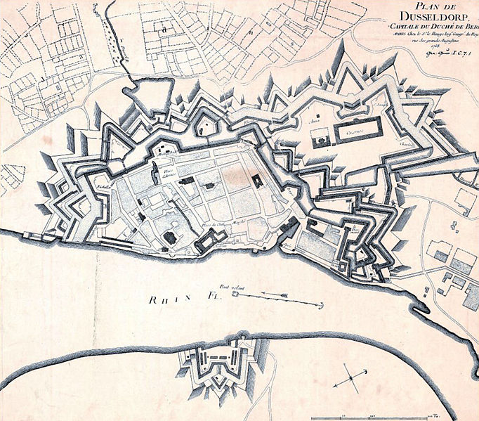 File:1758 Düsseldorf, Plan der Stadt mit den Festungsbauten, der Extension und dem linksrheinischen Brückenkopf.jpg