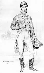 dessin d'un homme en redingote, pantalon à pont blanc, bottes molles noires, tenant haut de forme et gants dans la main gauche, la droite étant glissée entre les boutons de son habit