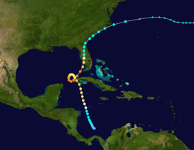 Et kart som viser sporet av en orkan som starter i det sørlige Karibia, går nordover mot Cuba og fullfører en sløyfe mot klokken i den ekstreme sørlige Mexicogulfen.  Deretter fortsetter den nordøstover gjennom Florida-halvøya og til slutt forsvinner over Atlanterhavet.
