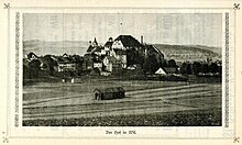 Die heutige Reitwiese, die bis 1920 Spielplatz der Wiler war. Im Hintergrund der Hof zu Wil (ca. 1915).