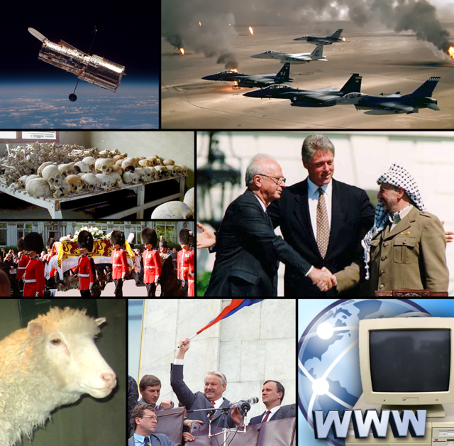 Az 1990-es évek jelképeinek montázsa;jobb alsó sarokban a WWW