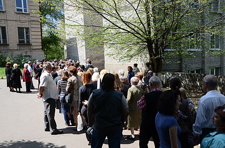 Donetsk status referendum organized by pro-Russian separatists. A line to enter a polling place, 11 May 2014.