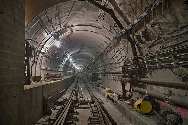A tunnel segment of the 7 Subway Extension during construction; it opened for service on September 13, 2015.