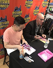 Chiang and Vaughan at an August 2019 signing for the series' final issue at Midtown Comics in Manhattan 8.1.19VaughanChiangByLuigiNovi13.jpg